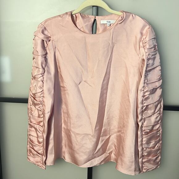Tibi Mendini Twill Shirred Blouse Pink Satin Top Long Sleeve Round Neck Size 4 - Picture 1 of 6